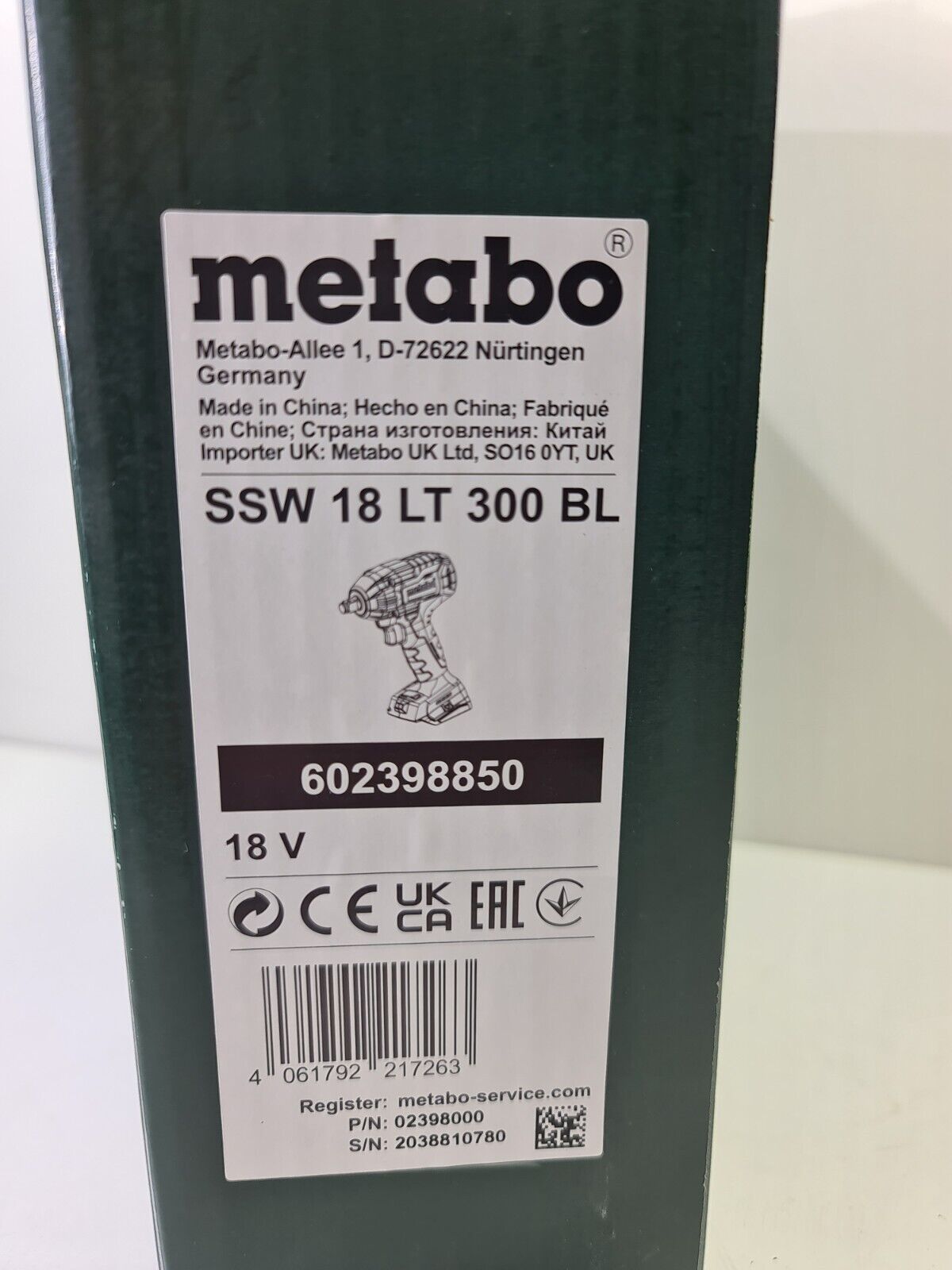 Metabo 18v Impact Wrench SSW18LT300BL - New in Box