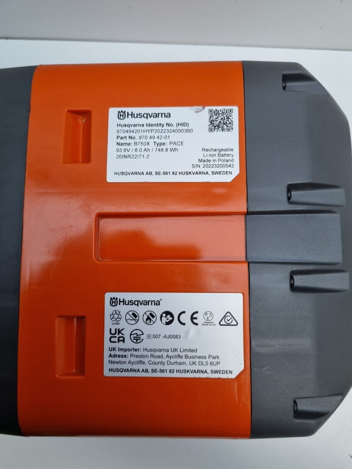 Husqvarna Pace B750X 8AH Battery - Near New