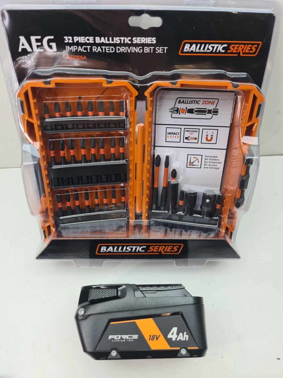 AEG 18v Force 4Ah Battery + 32 Piece Drill Bit Set - New